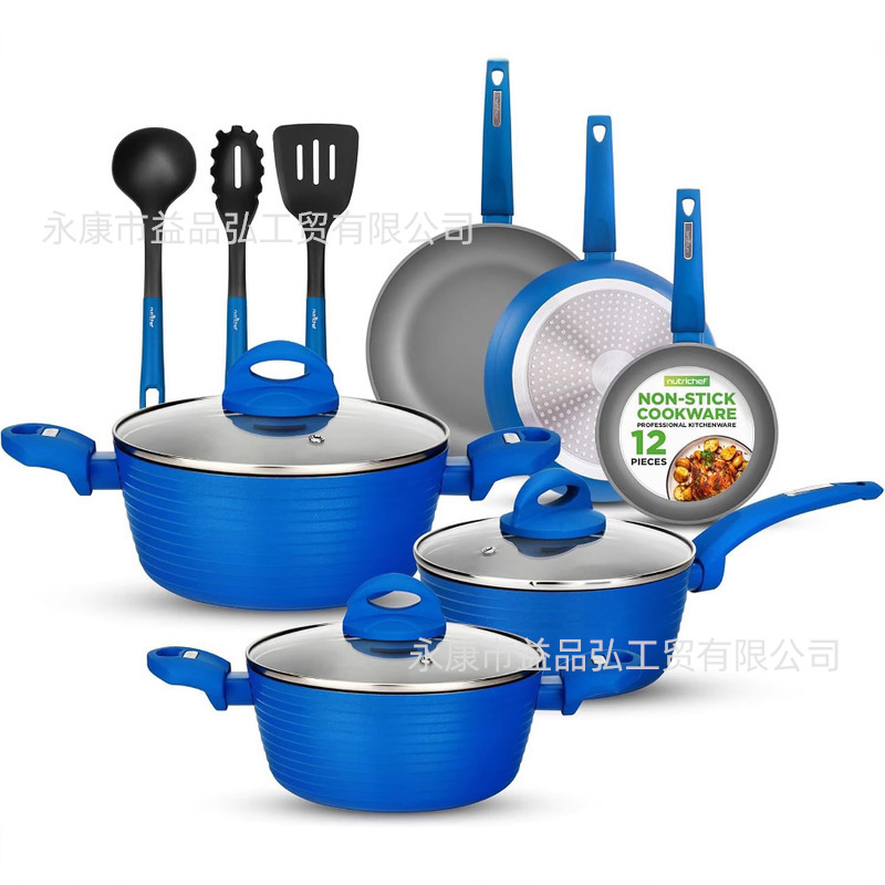 Juego de ollas domésticas de combinación de piedra médica 12 unidades Juego de ollas al vapor, guisadas y fritas, cocina de inducción general, juego de ollas antiadherentes