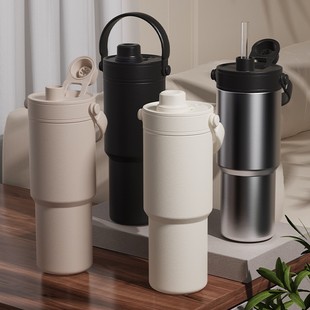 Large-Capacity Double-Drink Car Cup with Straw, Portable Rope, Outdoor Portable Cup, Double-Layer Ceramic Liner Thermos Cup