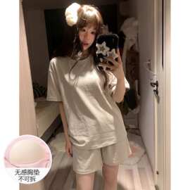 睡衣女夏季短袖纯棉带胸垫2026新款凉感大码可外穿灰色套装家居服