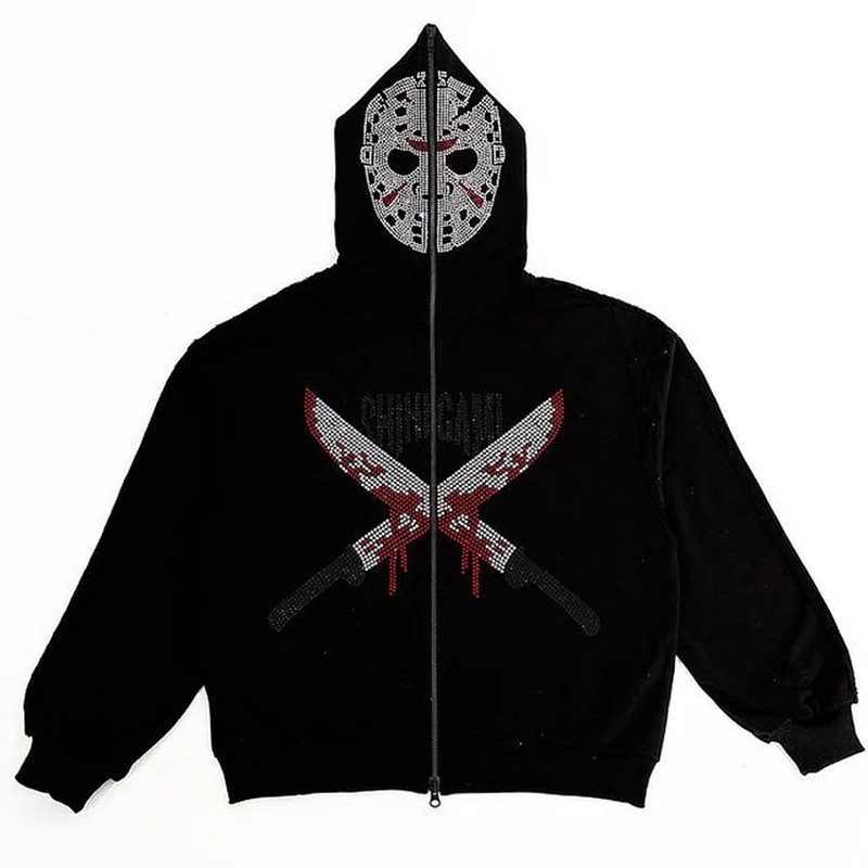 Cross-border Amazon new loose zipper hooded top autumn and winter rhinestone printed sweater long sleeve casual coat