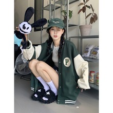 撞色棒球服女秋季2022新款复古宽松中长款字母刺绣BF风长袖外套