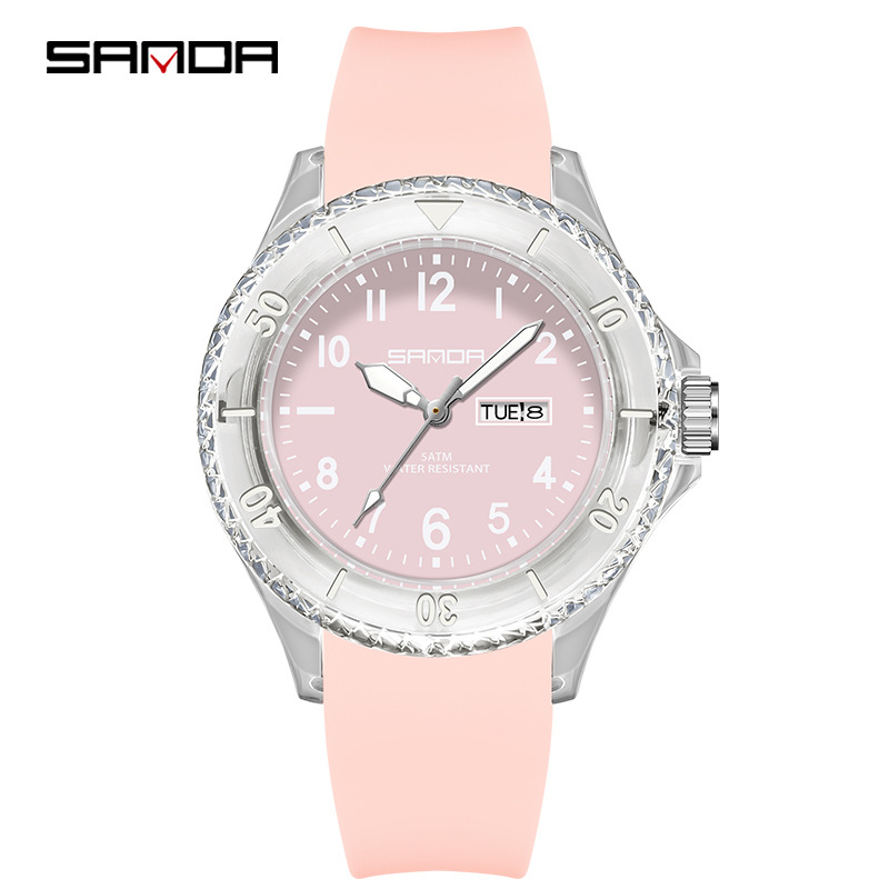 Sanda marca reloj de cuarzo al aire libre impermeable simple calendario caso transparente estudiante niños reloj 9062