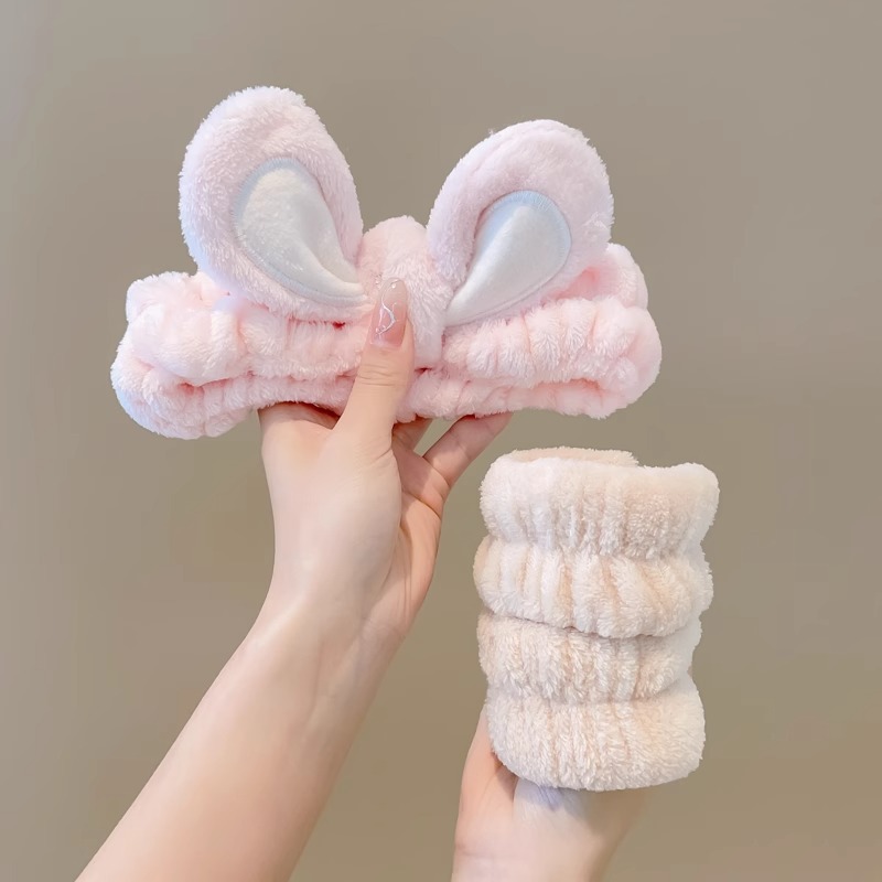 Lindo Rosa lavado de cara banda de pelo de las mujeres a prueba de humedad banda de muñeca banda de pelo absorbente de tres piezas conjunto máscara facial diadema especial