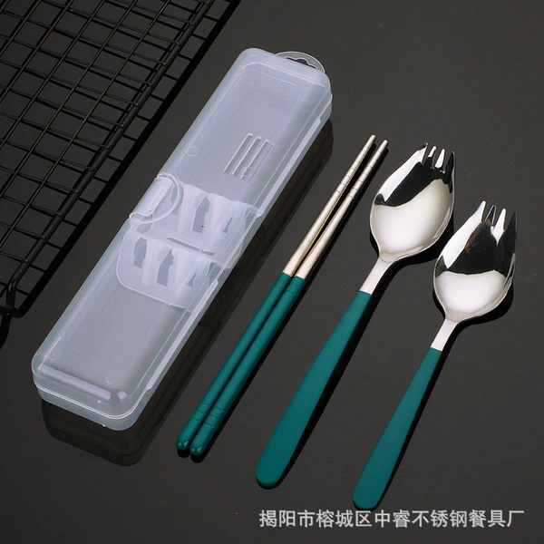 410 (silver dark green) spoon and fork portable three-piece set