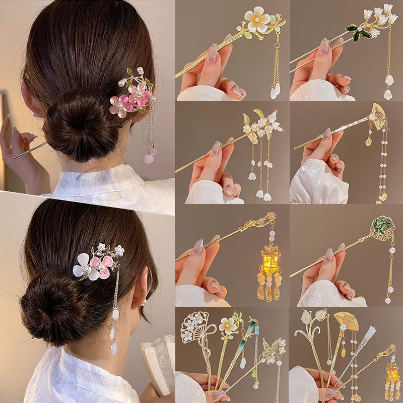 Nuevo estilo chino fresco sensación pinzas de cabello flores de mujer pinzas de bordas antiguo vestido de Han Xiazhong paso meciante bandeja pinzas de cabello tocado