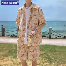 NASA夏威夷花衬衫沙滩套装男夏季薄款海边度假短袖短裤潮牌一整套