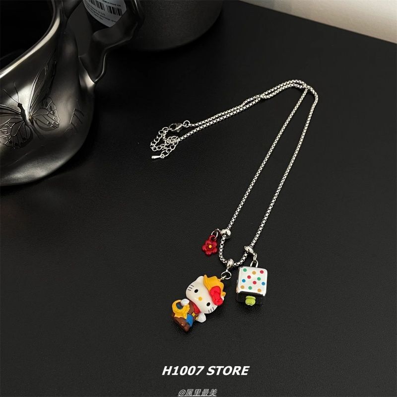 新しいカラフルなスクエア KT 猫ラブロングネックレス女性のニッチデザインかわいい甘いセーターチェーンメンズアクセサリー|undefined