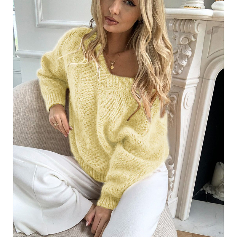 solid color V-neck long-sleeved woolen pullover sweater NSFLY139144