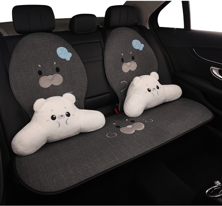 Car Seat Cushion Made of Linen Material with Seal Pattern, Suitable for All Seasons, Available as a Single Piece or a Three-Piece Set, with Optional Car Ventilation Cushion