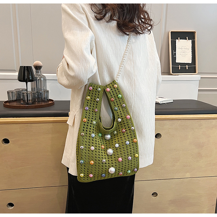 Medium Size Women's Medium Knit Solid Color Cute Pearls Open Straw Bag