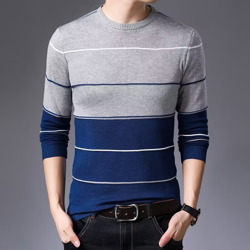 Autumn two-tone knitted thin woolen sweater with a round collar