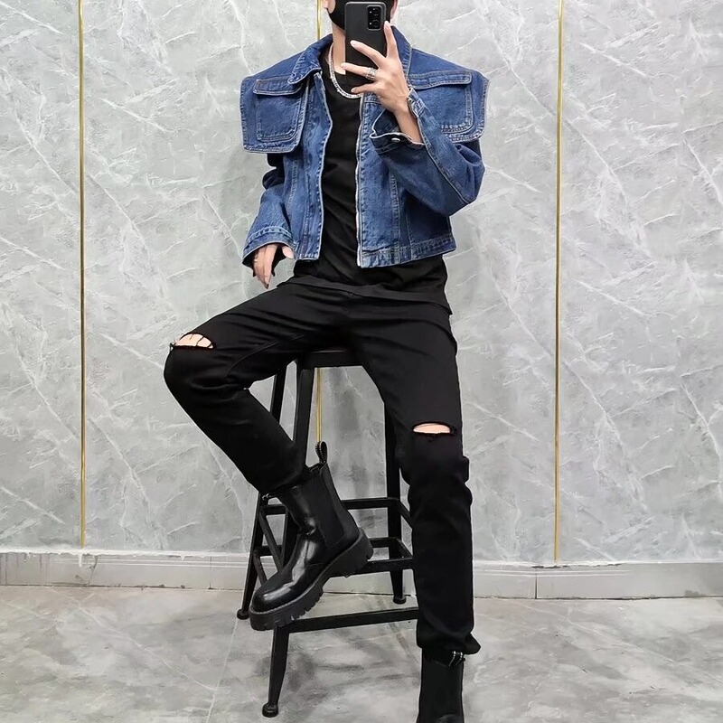 Trendy Shangdun Spring and Autumn Denim Jacket Men's Retro Shawl Pocket Design Sense Tight Waist Slimming High-end Sense Chic Top
