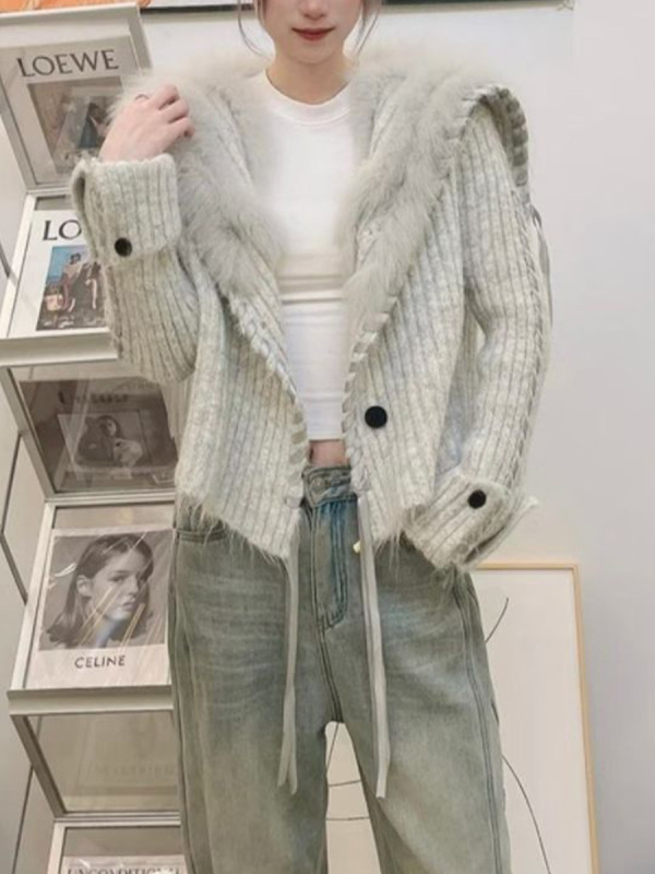 重工设计感穿绳飘带拼接毛领针织开衫女2025秋冬新款气质毛衣外套|undefined