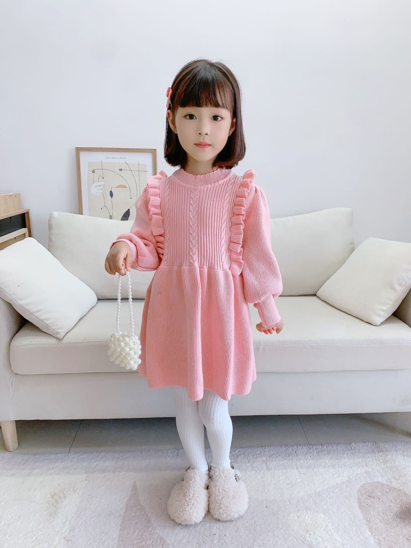 Girls Knitted Dress Autumn Winter Solid Colour Long Sleeve Style_voghion.com