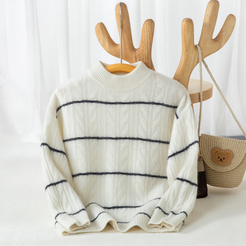 New Autumn Style Sweater for Boys and Girls, Cashmere Base Layer Sweater, Children's Cable Knit, College Style, Striped Thick Sweater for Winter