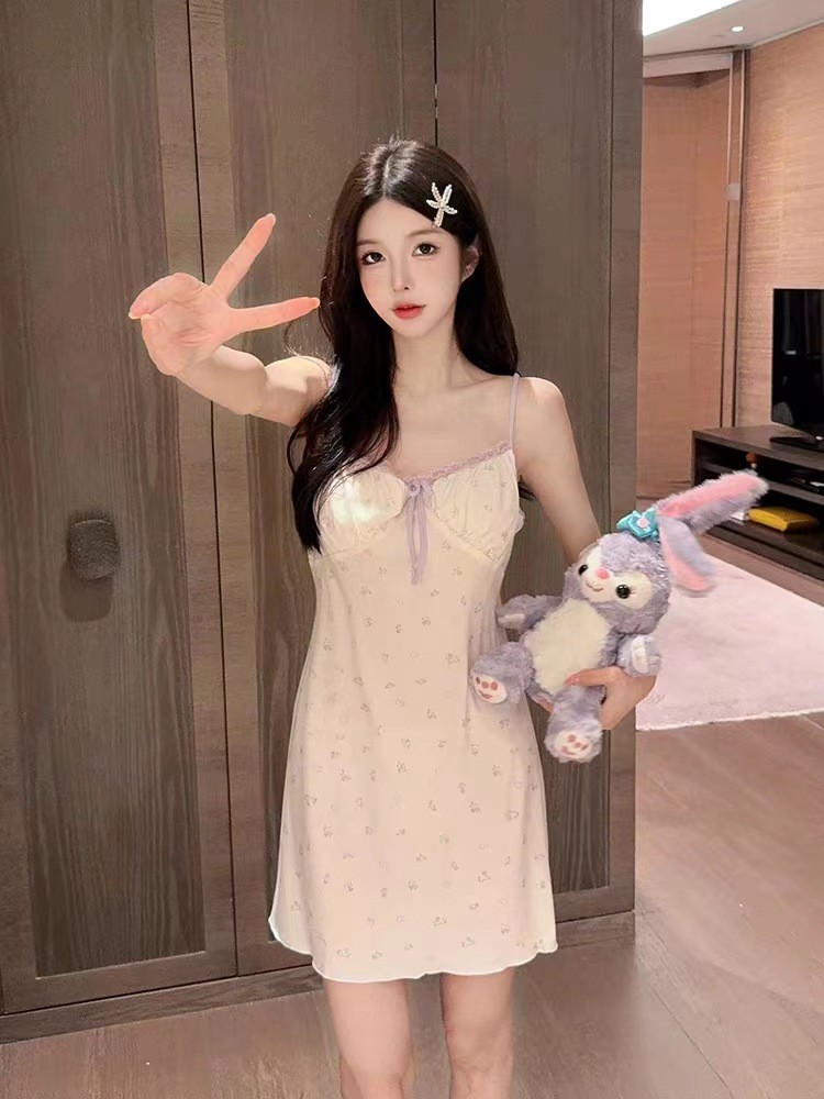 Cherry Print Floral Suspender Nightgown with Chest Pads, Thin Summer Sleep Dress — detail image 25