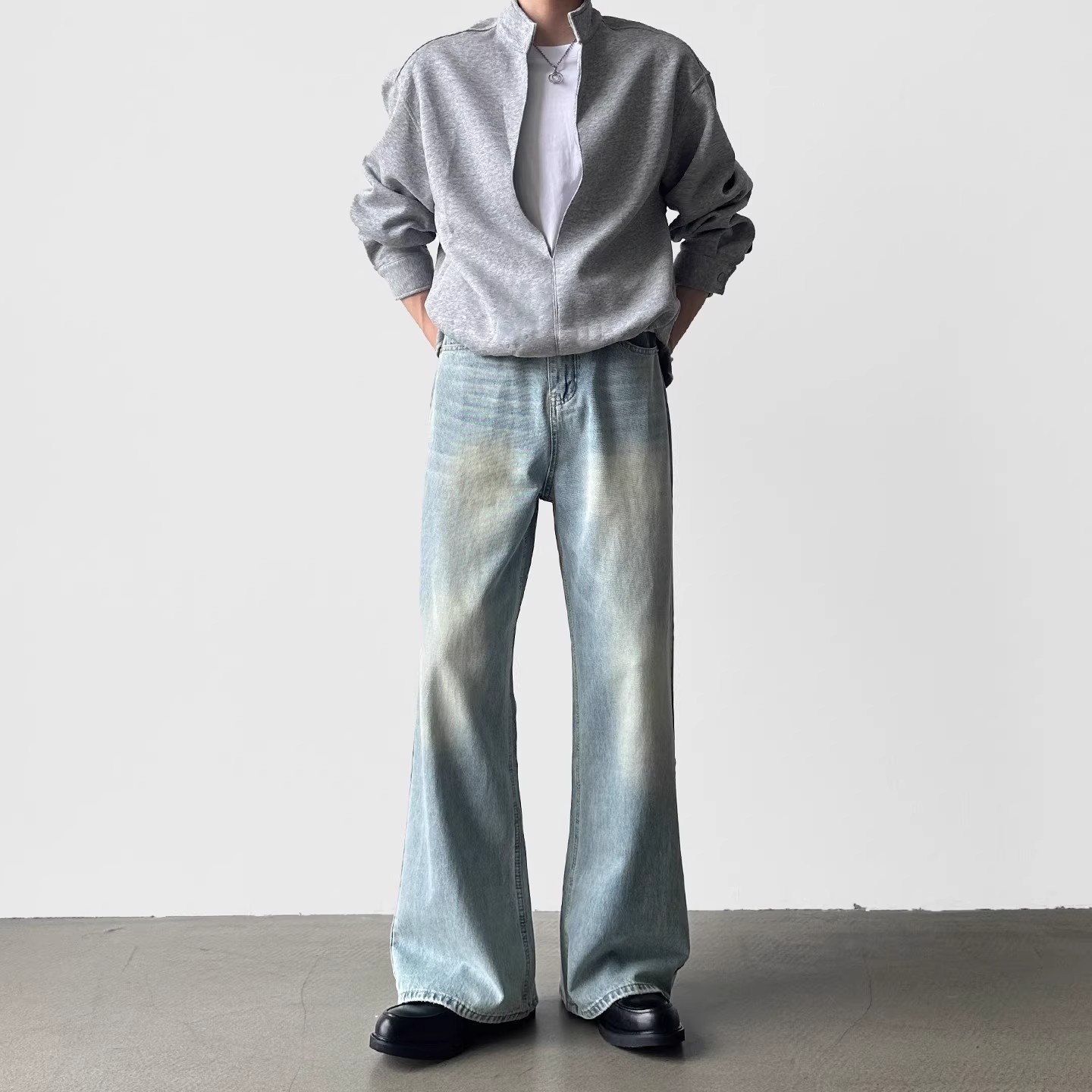 Cleanfit Herren Retro-Jeans, hellblau, locker geschnitten, A-Linie, gerades Bein, weites Bein, mittelschwere Baumwolle, nicht dehnbar_voghion.com