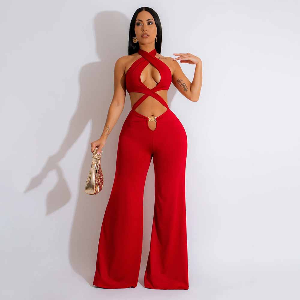K10496 estilo europeo y americano Amazon ropa de mujer al por mayor discoteca popular sexy hueco-fuera Halter ombligo mono de pierna ancha image 4