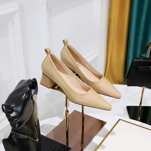 1235-2 Korean Fashion Simple Thick Heel Versatile Medium Heel Shoes Shallow Mouth Pointed Professional OL Office Women&a