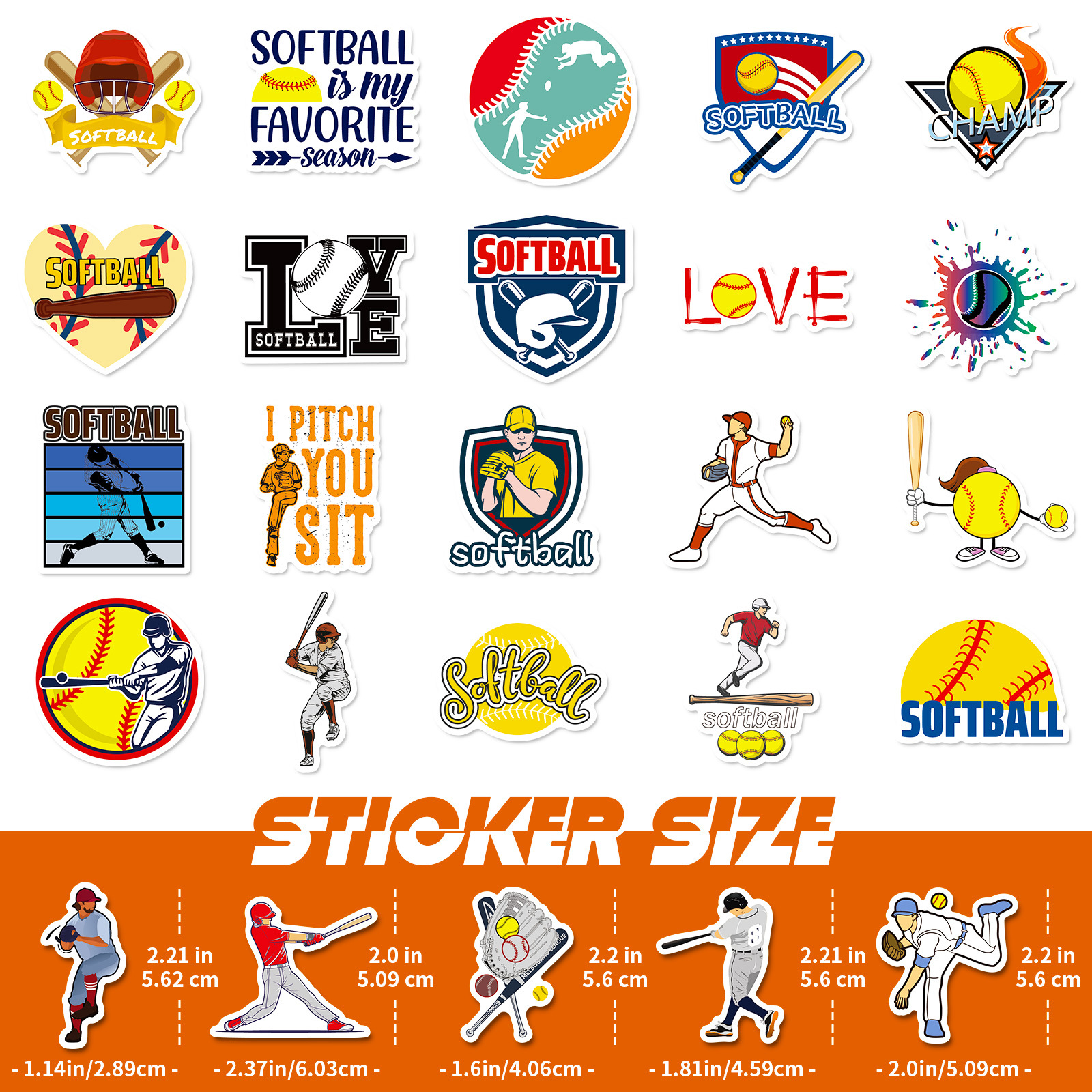 50 pegatinas de softball amarillo pegatinas de softball transfronterizas pegatinas impermeables para el equipaje de la guitarra del monopatín