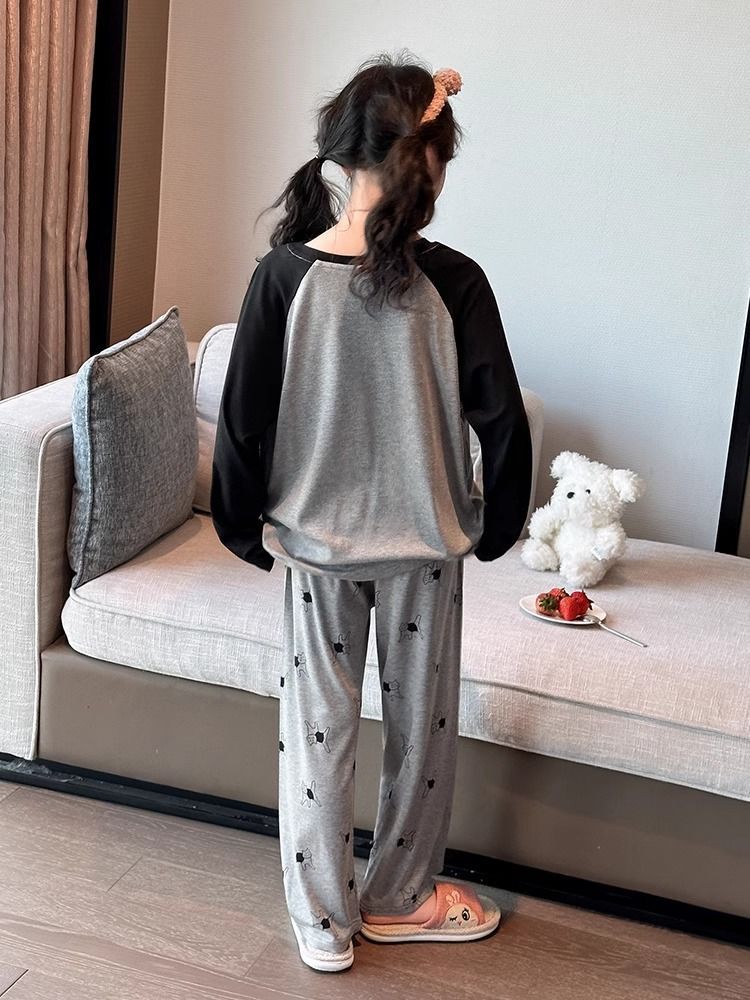 Niños moda pijamas niñas primavera y otoño delgada ropa de hogar de mangas largas ropa de aire acondicionado de niñas dos juegos