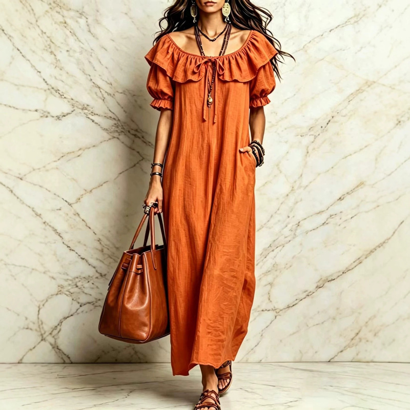 European and American Independent Websites Amazon Aliexpress 2026 Spring and Summer New Style Bohemian Ruffle Collar Short-Sleeved Dress European and American Independent Websites Amazon Aliexpress 2026 Spring and Summer New Style Bohemian Ruffle Collar Short-Sleeved Dress