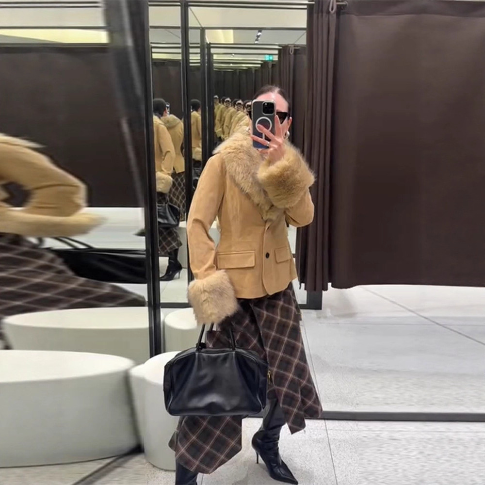 欧美跨境2025秋冬新款女装高级感气质可拆卸毛毛麂皮绒短款外套女