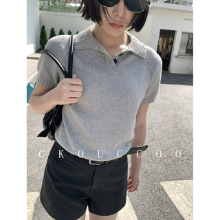 荣太韩系气质翻领纯棉针织短袖女春夏时髦纯色宽松薄款polo衫t恤