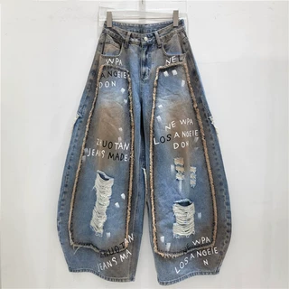 小众设计感涂鸦牛仔阔腿裤 破洞毛边 + 做旧水洗潮牌风灯笼裤