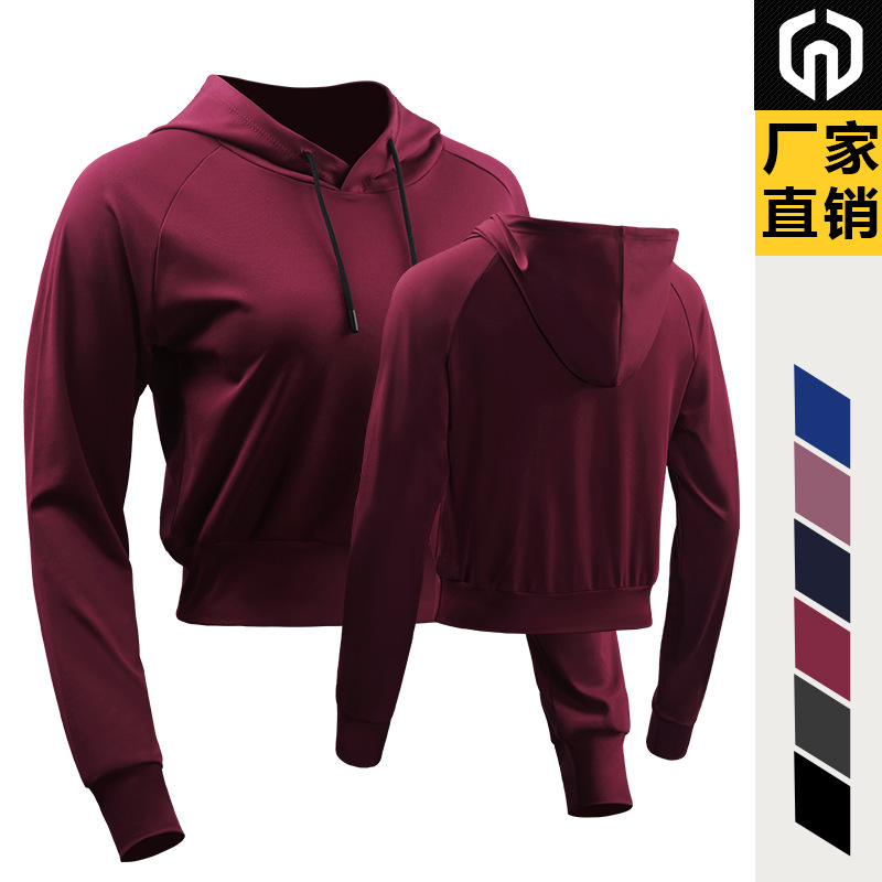 Casual de manga larga con capucha suéter expuesto ombligo ropa de entrenamiento de las mujeres al aire libre correr yoga deportes ropa delgada F8077
