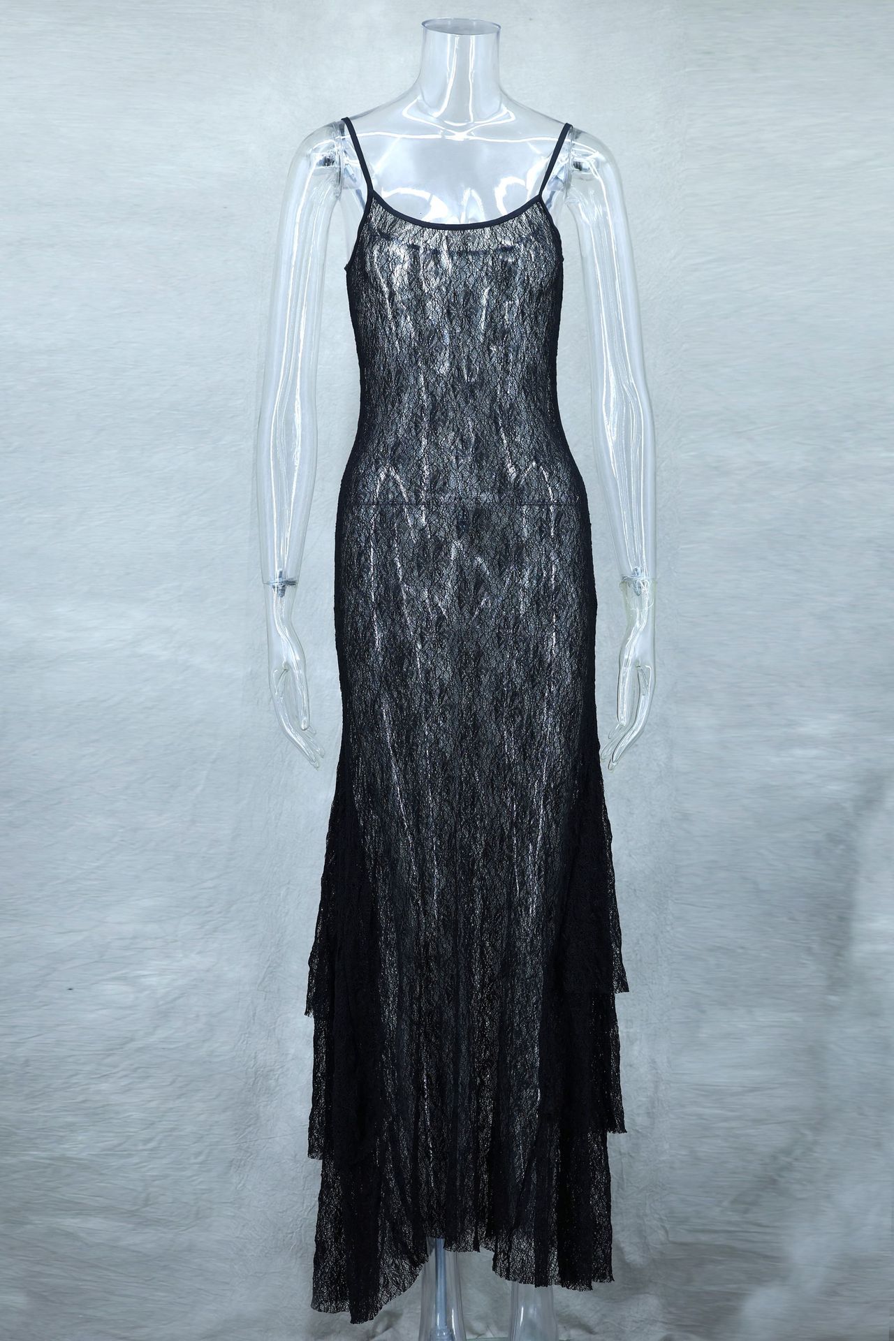 Sexy Lace See through Layered Thin Shoulder Strap Maxi Dress