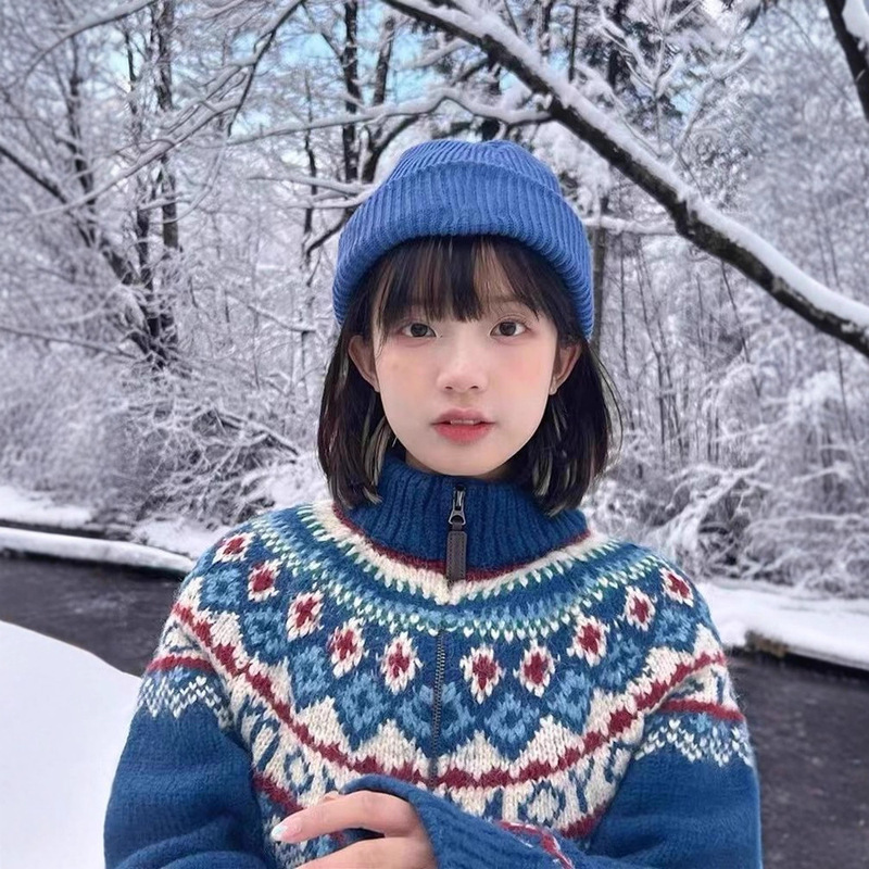 Imitation Cashmere # Blue Fair Isle Turtleneck Zipper Sweater Jacket for Women Autumn and Winter Lazy Style Knitted Cardigan