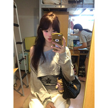 上身美爆了~花灰色斜肩长袖条纹卫衣女秋季搭配背心两件套上衣ins