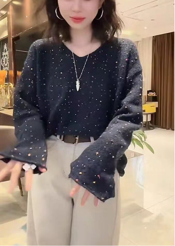 欧货亚马逊彩色V领长袖针织衫上衣女秋季宽松慵懒风软糯毛衣|undefined