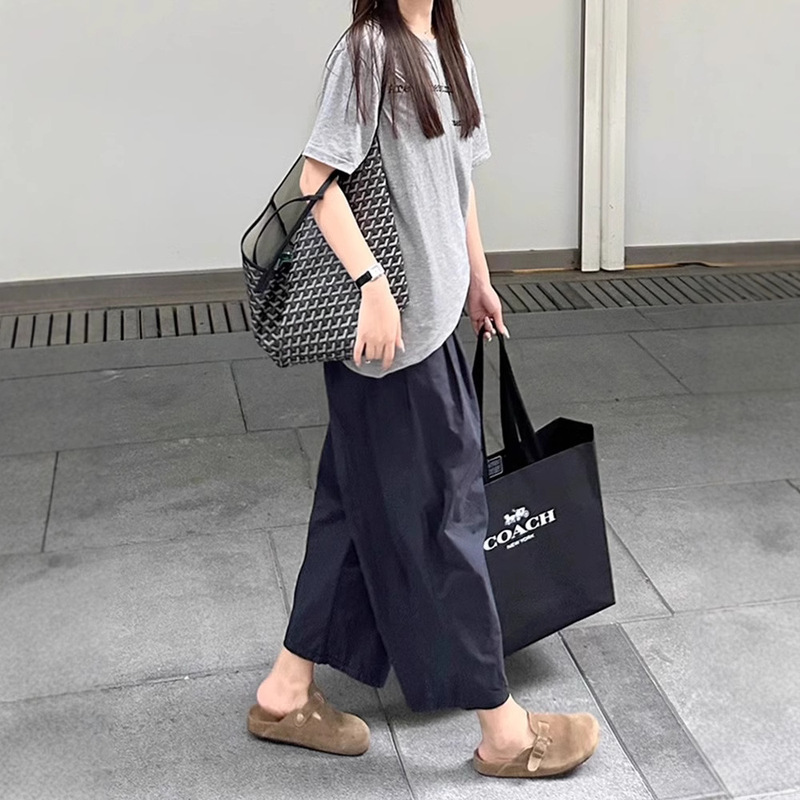 Japanese-Style Workwear Wide-Leg Pants for Women, Spring and Summer High-Waisted Cropped Navy Blue Loose Casual Straight-Leg Pants, Japanese and Korean Casual Style