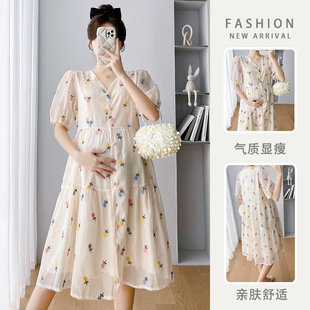 Real shot maternity dress 2023 Summer new embroidered high waist slimming V-neck puff sleeve floral A- line breastfeeding dress