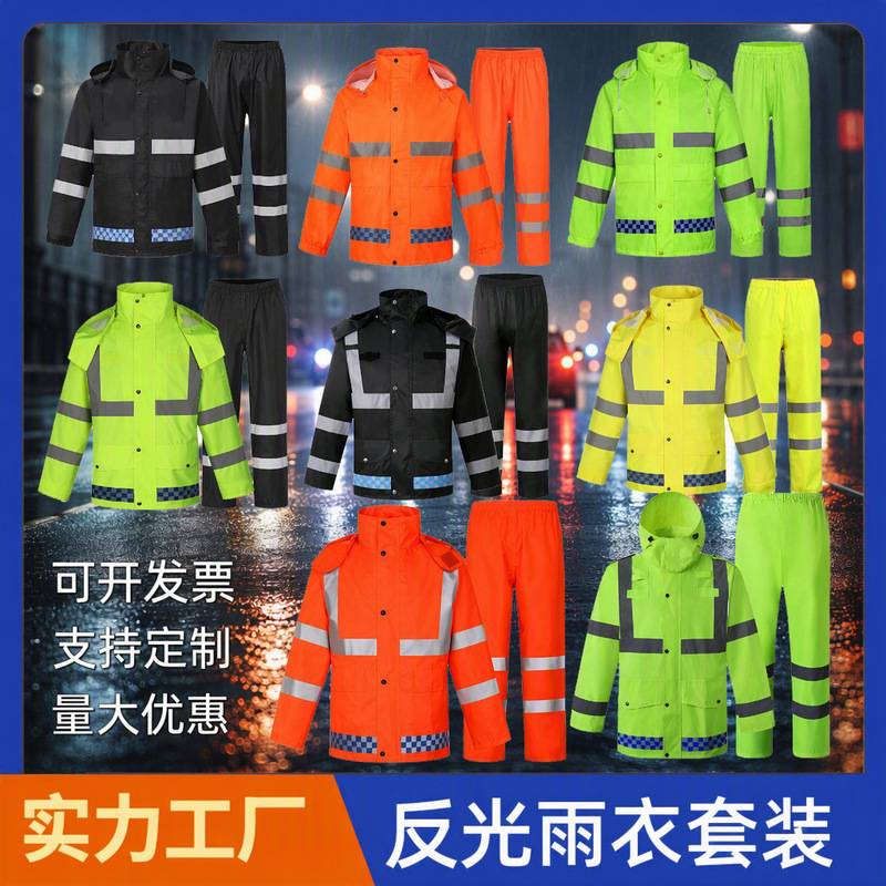 Reflective traffic safety raincoat and rainpants set for men and women, separate pieces, for cycling, road service, flood prevention, and road use Reflective traffic safety raincoat and rainpants set for men and women, separate pieces, for cycling, road service, flood prevention, and road use