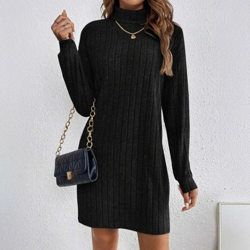 European and American women's mid-length skirt, fashionable brushed striped autumn high-neck long-sleeved dress