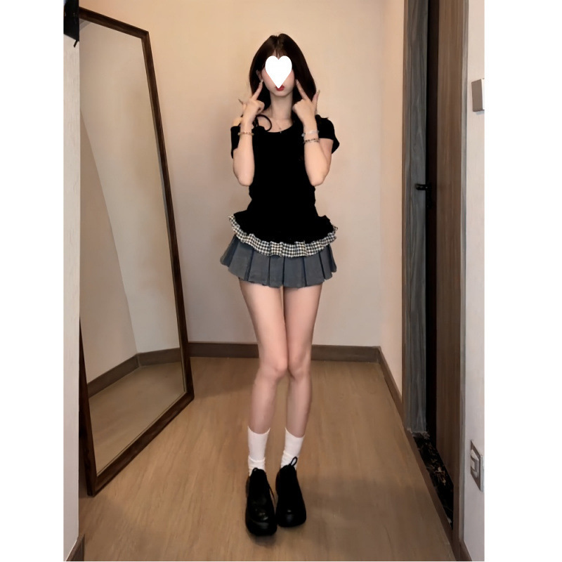 卸売 [40番手レーヨン] ホットガールフレンチリボン斜め肩半袖Tシャツレディース夏レーススプライシングショートスタイル|undefined