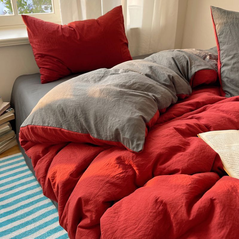Ins Dopamine Ancora Red Soft Waxy Washed Cotton Bed Four-Piece Bedroom Quilt Cover Red Quilt 3-Piece Set