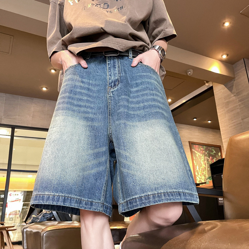 Pantalones cortos de mezclilla rasgados de estilo fino de verano pantalones sueltos retro vibe americanos para hombre