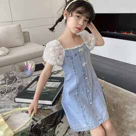 女童连衣裙夏季2022新款女孩洋气蕾丝泡泡短袖公主牛仔裙6293