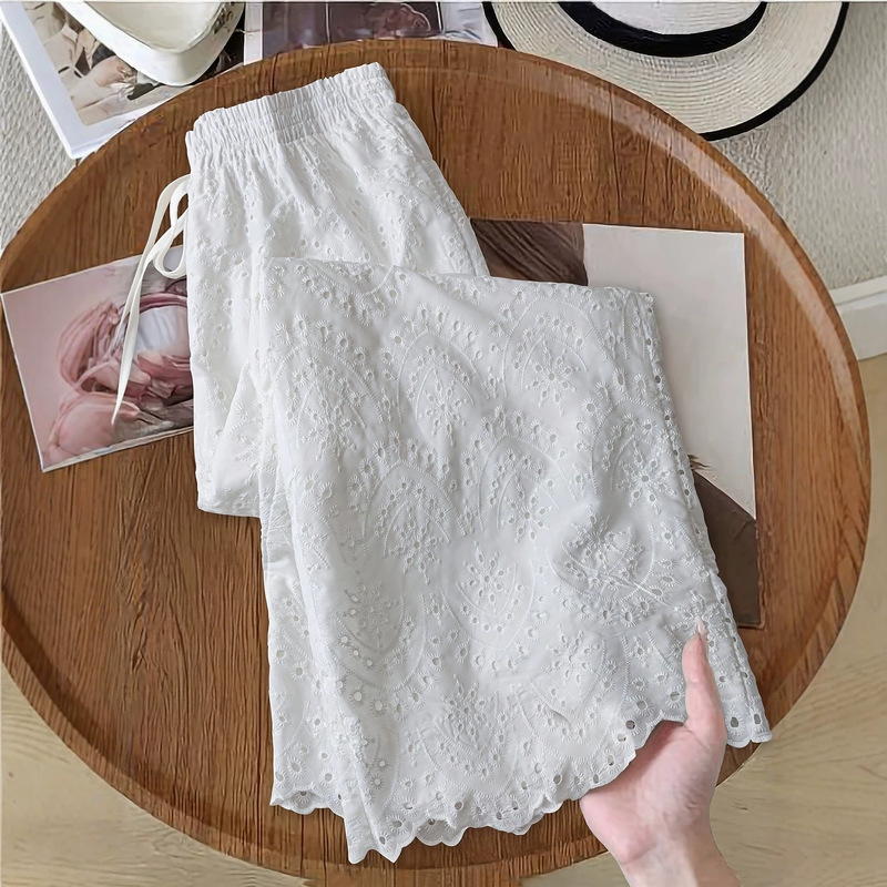 In-Stock Cross-Border Women's Jogger Pants Bohemian Style Fashion European Summer Casual Eyelet Embroidery Capri Pants
