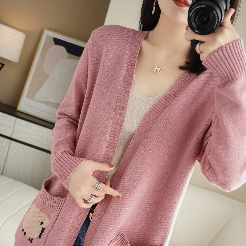 Women's Mid-length knitted cardigan autumn new simple lazy non-buckle outer top young sheep pattern coat