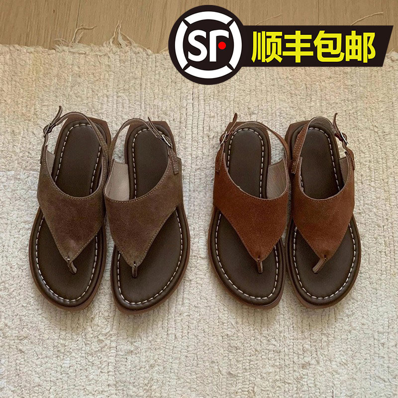 Cowhide Version Thong Sandals for Women, Summer Outer Wear, Genuine Leather Retro Roman Shoes, Flats Thong Beach Sandals