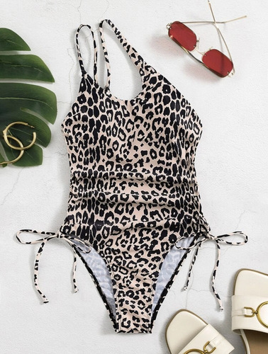  European and American Style New Leopard-Print Drawstring Bandage One-Piece Swimsuit Bikini – Cross-Border Foreign Trade