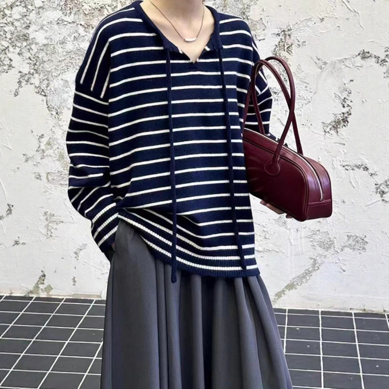 撞色条纹针织衫女春秋新款宽松慵懒系带套头毛衣休闲减龄百搭上衣|undefined