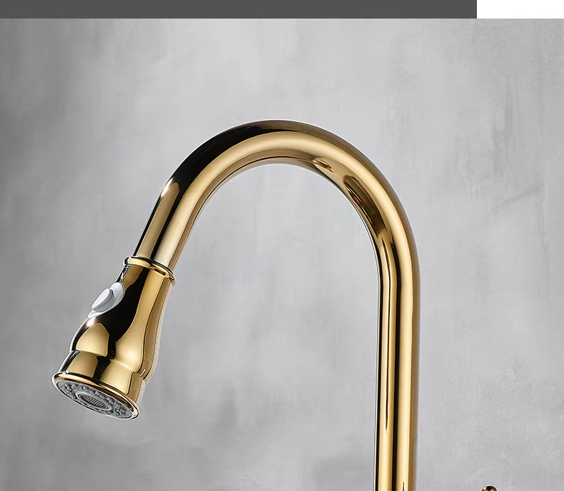 The kitchen pull-out faucet is cold and hot splash-proof and retractable. It features a golden washbasin and sink faucet, which is made of retro and light luxury brass Application Scenario