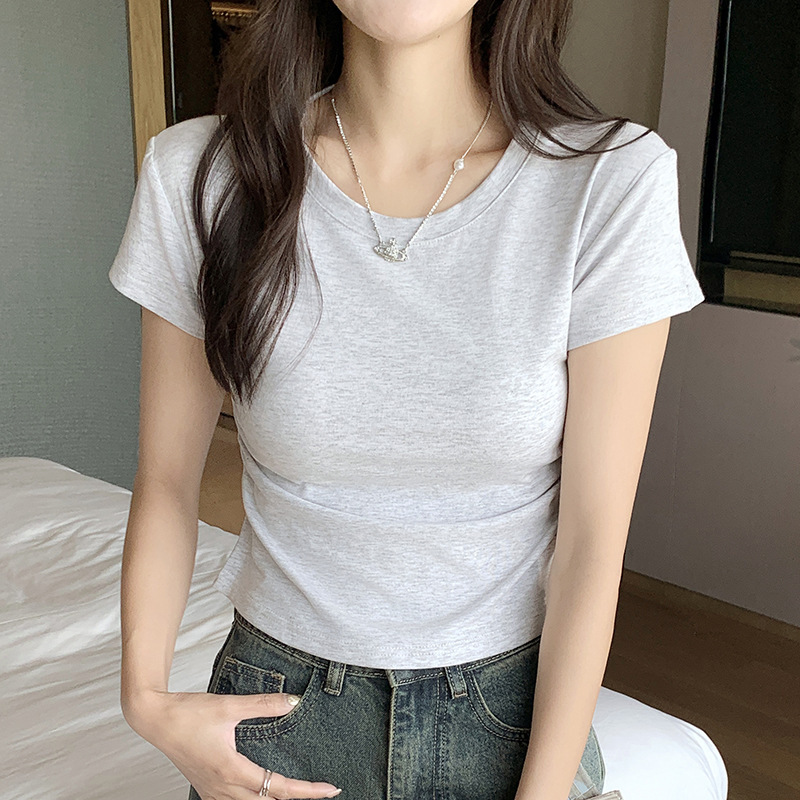 H239 Round Neck Short-Sleeved T-Shirt for Women Summer Outer Wear Slimming Look and Wrinkled Design Sexy Bottoming Shirt Top Wholesale H239 Round Neck Short-Sleeved T-Shirt for Women Summer Outer Wear Slimming Look and Wrinkled Design Sexy Bottoming Shirt Top Wholesale