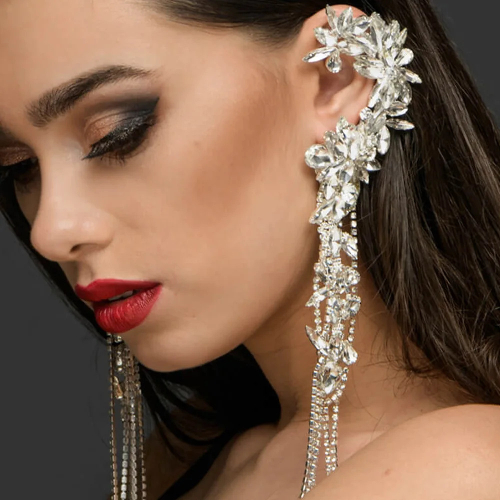 速賣通熱銷流蘇耳環長款水鑽耳骨夾誇張耳飾女earrings